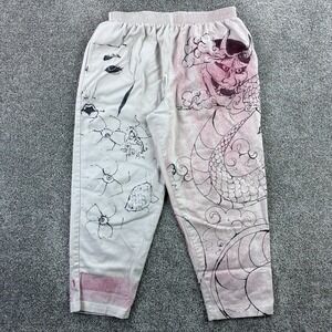 Japanese Art Pants Women's Large White Hannya Dragon Koi Streetwear Straight Leg